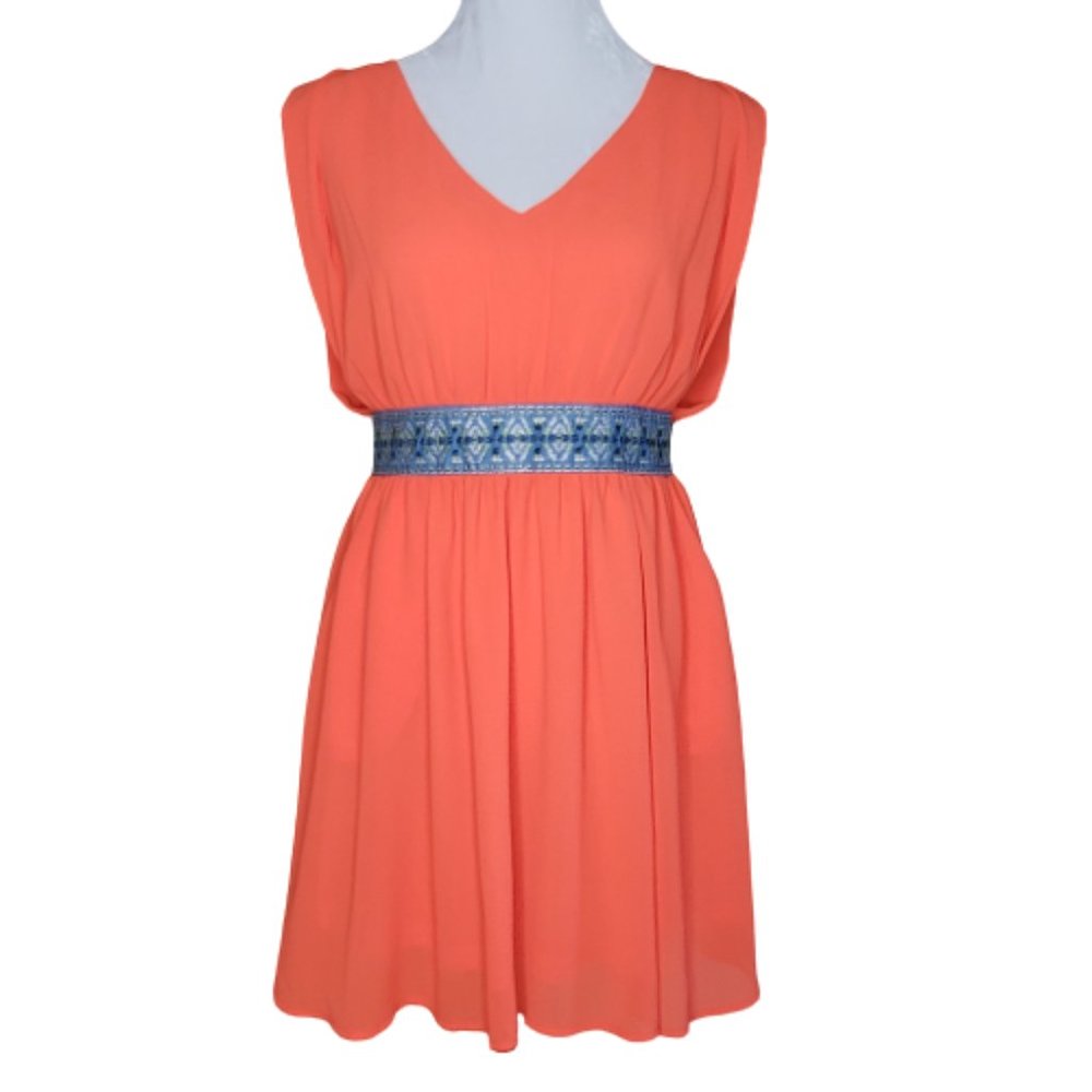 NWT Alya Fit and Flare V Neck Coral Cross Back Pockets Sleeveless Dress Size M